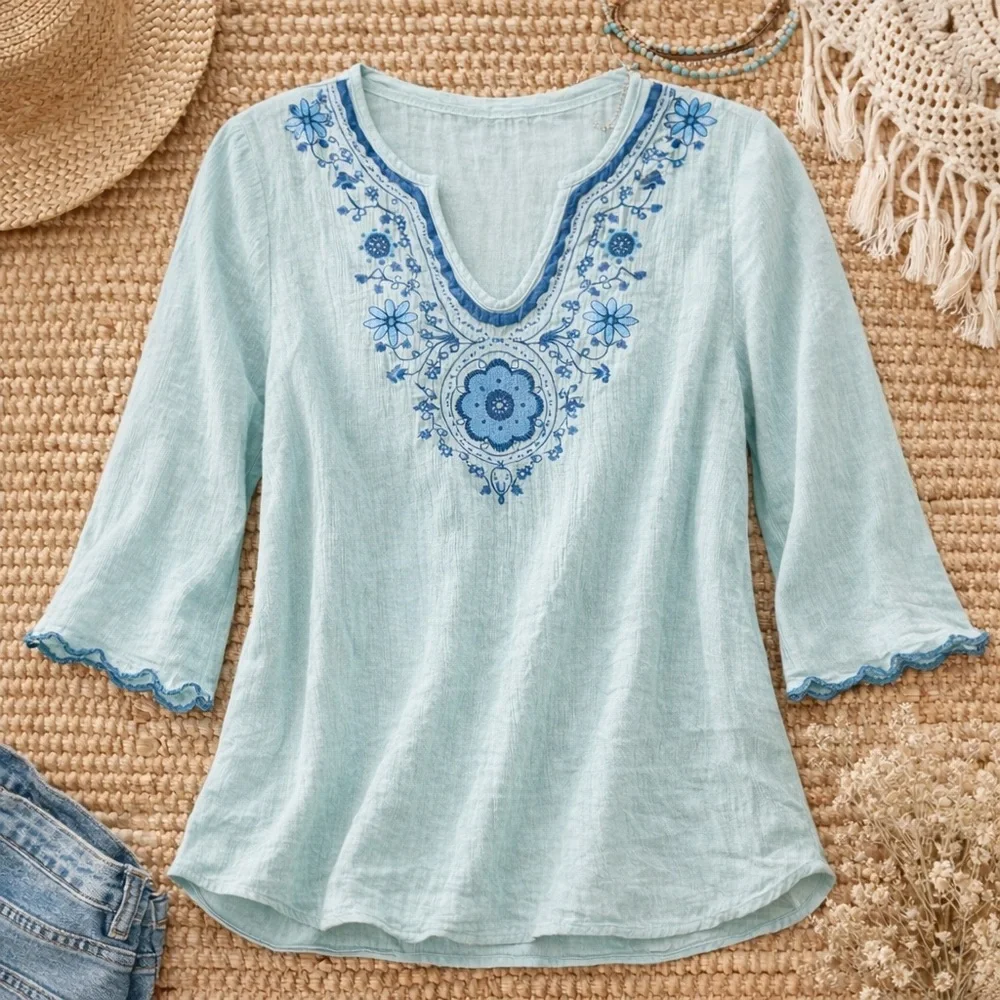 Embroidered Boho Peasant Top | Light Aqua Blue | Floral Detail | Size L - Picture 2 of 9